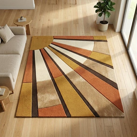 Mid-Century Modern Sunburst Wool Rug, Burnt Orange Mustard Geometric Carpet