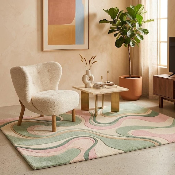 Modern Abstract Wave Rug, Sage Green and Pastel Pink Wool Area Carpet, Soft Wavy Tufted Nursery or Living Room Floor Decor, Custom Sizes
