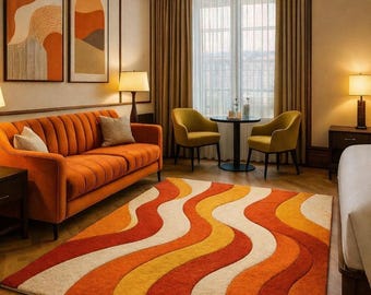 Retro Wave Wool Rug, 70s Groovy Area Rug, Warm Terracotta & Mustard Living Room Carpet, Abstract Mid Century Modern Bedroom Rug, Custom Size