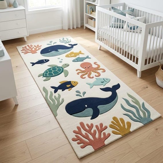 Handmade Kids Rug, Ocean Theme Nursery Decor, Blue Whale Wool Area Rug, Cute Sea Animal Play Mat, Coastal Bedroom Runner, Custom Sizes