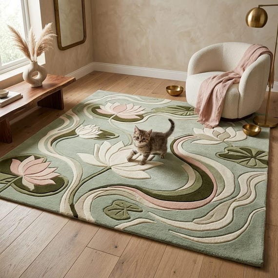 Hand Tufted Lotus Flower Rug, Modern Botanical Wool Area Rug, Sage Green & Blush Pink Floral Living Room Carpet, Custom Size Available