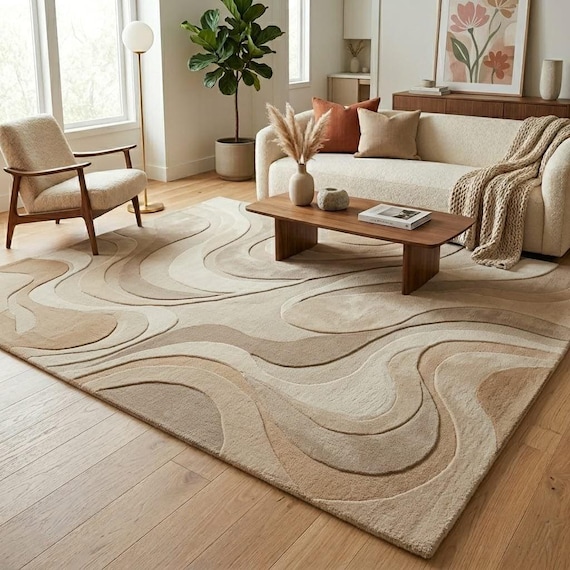 Neutral Abstract Rug Beige Cream Wool Hand Tufted Modern Organic Rug for Living Room Bedroom Minimalist Decor Custom Size Available