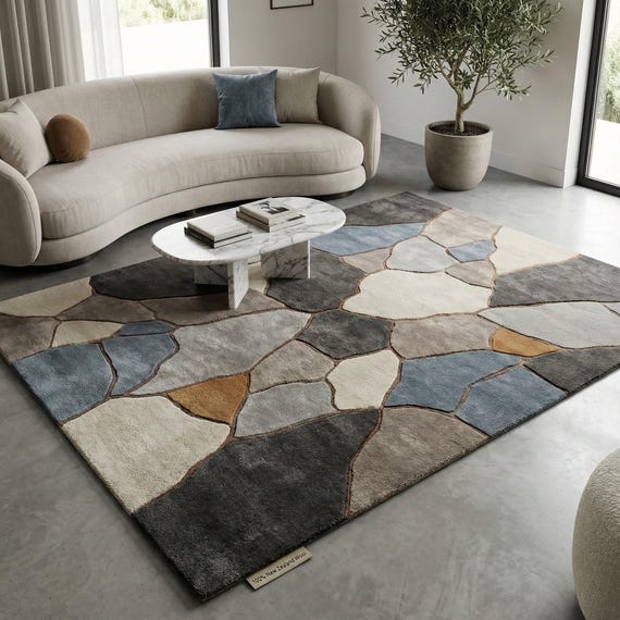 Hand Tufted Modern Wool Area Rug | Abstract Stone Pattern Rug | Contemporary Living Room Carpet | Luxury Designer Rug |Custom Size Available