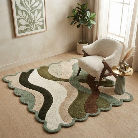 Handmade Tufted Wool Rug, Abstract Scalloped Area Rug, Modern Organic Green & Beige Floor Carpet, Aesthetic Living Room Decor, Custom Size
