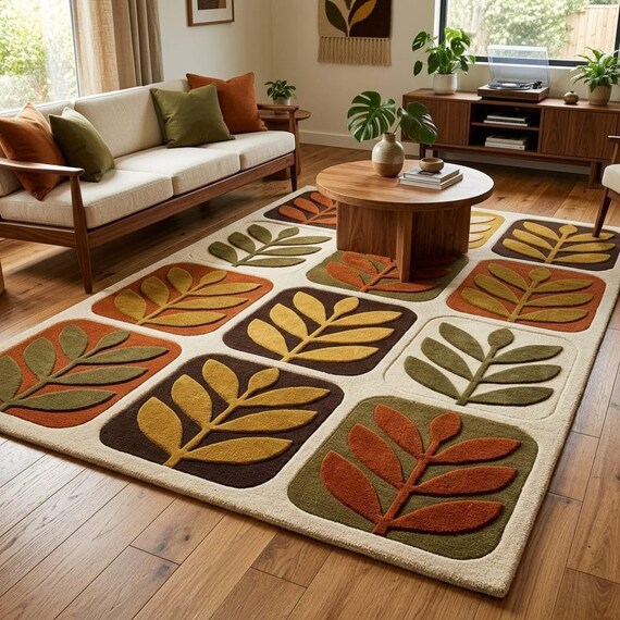 Mid Century Modern Rug, Handmade Wool Rug, Scandinavian Leaf Carpet, Japandi Area Rug, Organic Modern Decor, 8x10 9x12 Custom