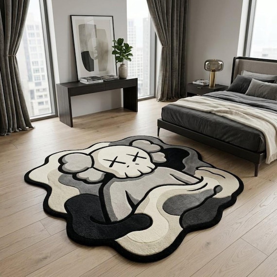 Abstract Character Area Rug, Black Gray Cream Tufted Rug, Modern Novelty Rug, Irregular Shape Rug, Statement Living Room Decor