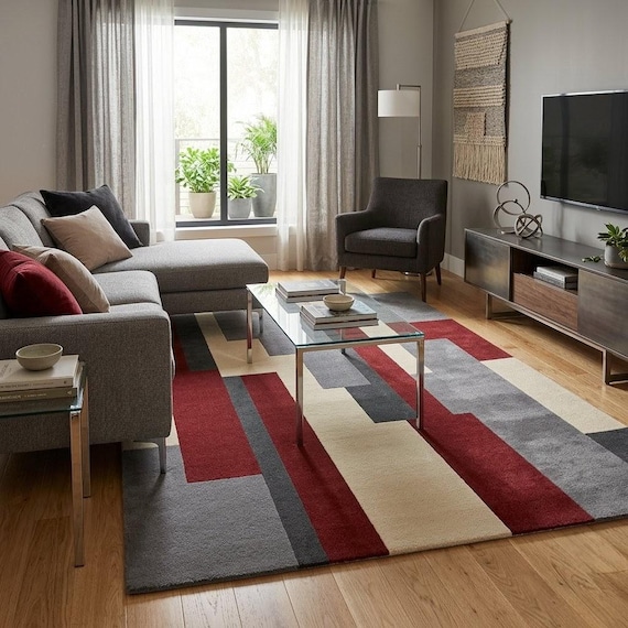 Geometric Area Rug Modern Hand Tufted Wool Red Gray Cream Abstract Luxury Living Room Rug Soft Plush Carpet Custom Size 8x10 9x12