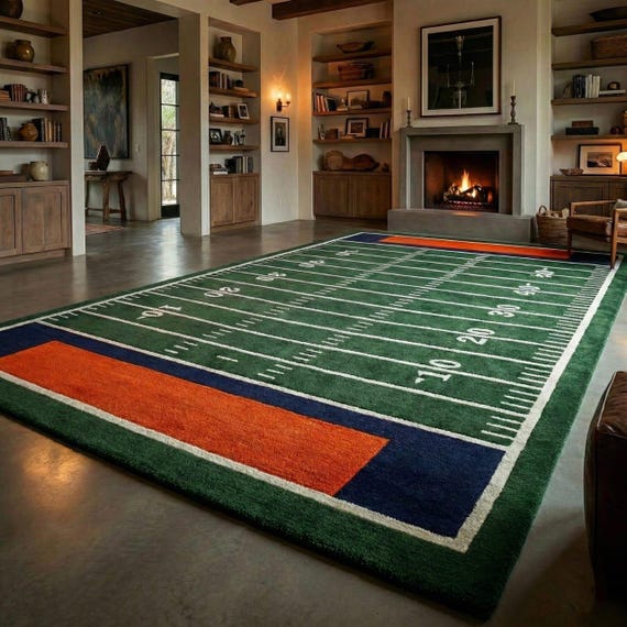 Hand Tufted Football Field Rug, Sports Area Rug for Living Room, Kids Room & Game Room Decor, American Football Carpet