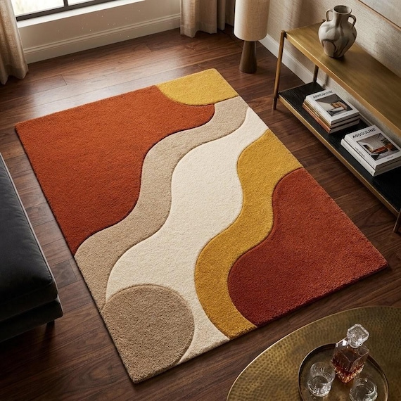 Mid Century Modern Abstract Rug, Hand Tufted Wool Area Rug, Retro Terracotta Mustard Beige Carpet Living Room Decor Custom Size