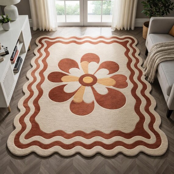 Retro Floral Wool Area Rug, Boho Terracotta Wavy Border, Handmade