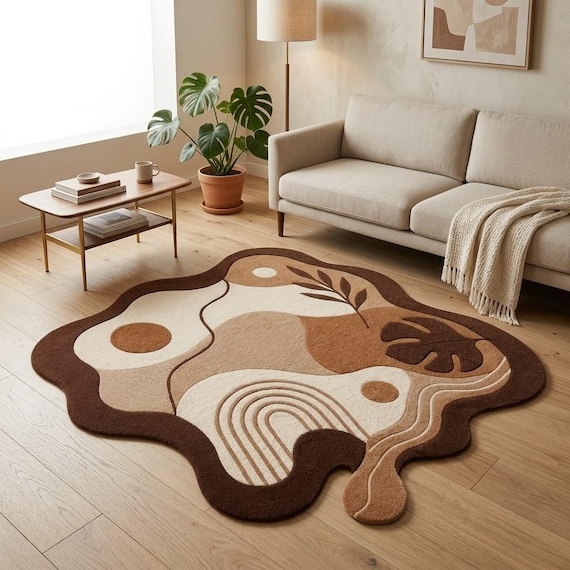 Hand Tufted Abstract Monstera & Palm Leaf Rug in Brown Beige Cream | Plush Wool, Mid Century Boho Style Area Rug for Living Room, Bedroom