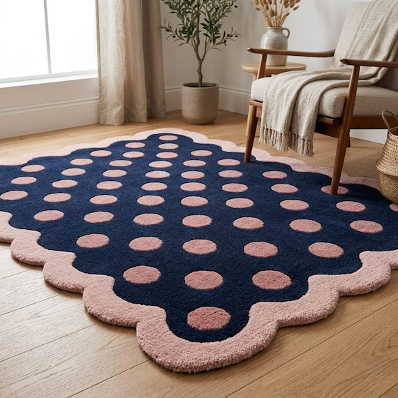 Navy Blue Polka Dot Rug, Hand Tufted Wool Scalloped Area Rug, Modern Pink Accent Carpet for Living Room, Custom Size Available