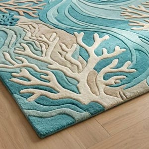 Hand-tufted 100% wool area rug featuring a 3D textured coral reef design in shades of teal, blue, and ivory, styled in a modern coastal living room and nursery.