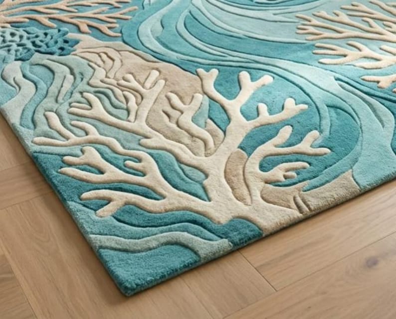 Hand-tufted 100% wool area rug featuring a 3D textured coral reef design in shades of teal, blue, and ivory, styled in a modern coastal living room and nursery.