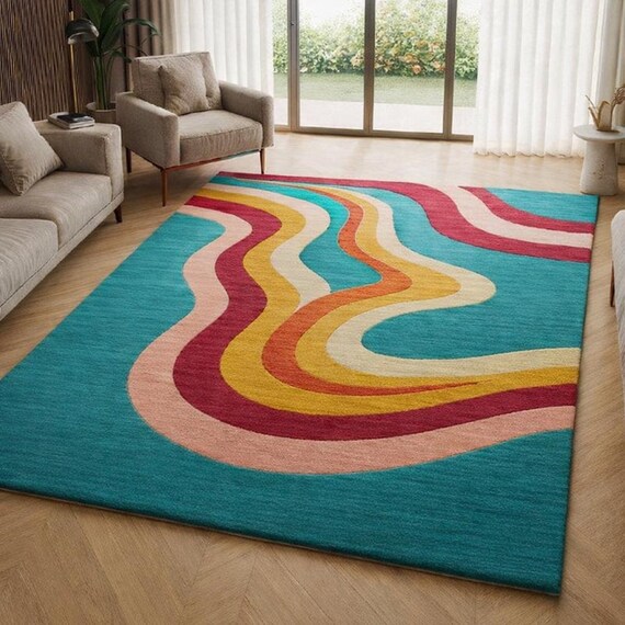 Colorful Modern Abstract Wave Area Rug – Retro Curved Pattern Carpet for Living Room, Bedroom  Home Décor by cozy Carft RUGS