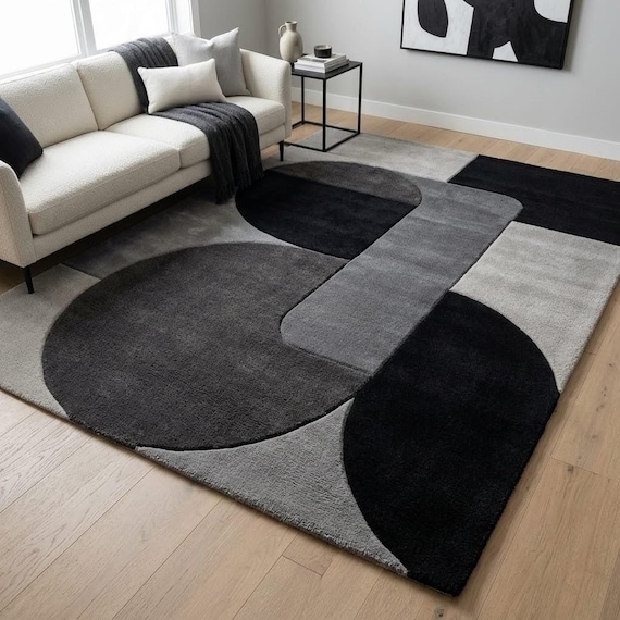 Modern Abstract Rug, Black Gray Wool Hand Tufted Area Rug, Geometric Living Room Bedroom Decor, Luxury Custom Size Available