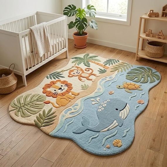 Safari & Sea Nursery Rug, Tufted Wool Animal Play Mat for Kids Room, Blue and Beige Custom Shaped Rug, Woodland Lion and Whale Rug,Non-Toxic