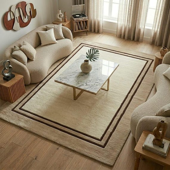 Modern Neutral Border Rug, Hand Tufted Wool Area Rug, Beige Brown Minimalist Living Room Rug, Scandinavian Style Carpet Custom Size