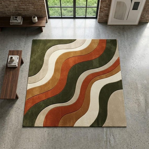 Mid-Century Modern Wave Rug, Green Terracotta Wool Tufted Carpet, Retro Abstract Living Room Home