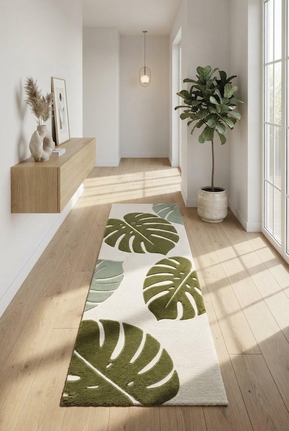 Handmade Botanical Rug, Modern Monstera Leaf Wool Runner, Green and Ivory Tropical Floor Decor, Custom Size Available