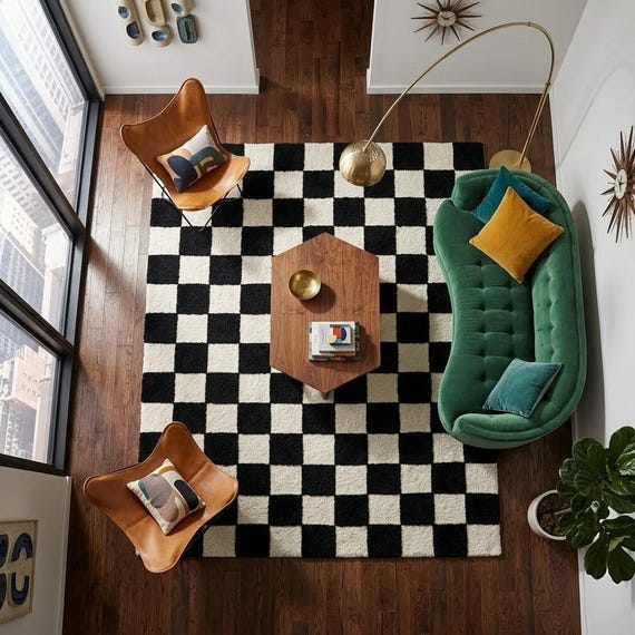 Hand Tufted Checkerboard Rug, Black White Wool Area Rug, Modern Minimalist Checkered Carpet for Living Room Bedroom, Custom Size Available