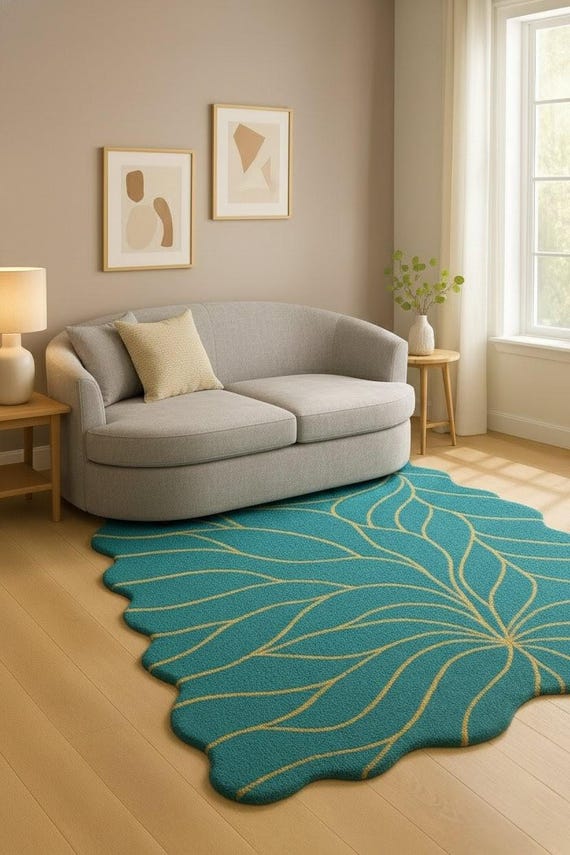 Turquoise Wool Area Rug – Leaf Design, Hand-Tufted Modern Carpet