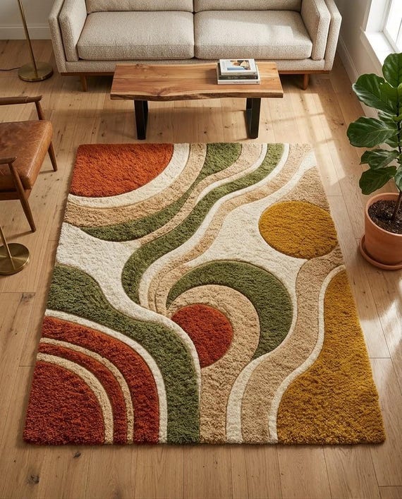 Mid Century Modern Rug, Abstract Retro Rug, Green Rust Beige Wool Rug, Hand Tufted Boho Living Room Carpet, Custom Size Available