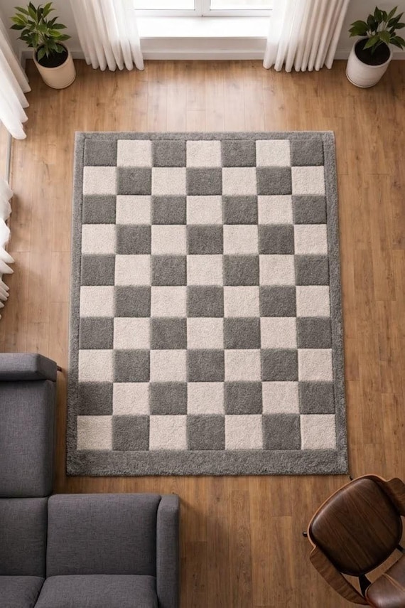 Checkered Area Rug Hand Tufted Wool Grey Ivory Modern Mid Century Plush Carpet Soft Minimalist Living Room Decor 8x10 9x12 Custom Size