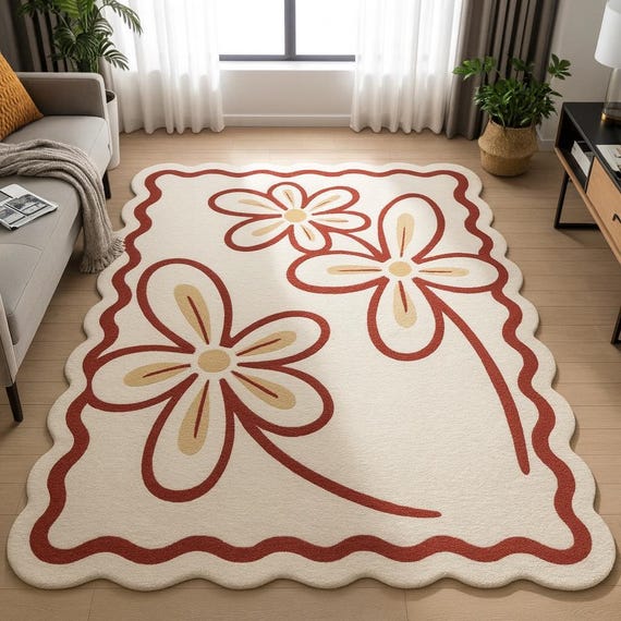 Hand-Tufted Wool Floral Rug, Wavy Edge, Modern Daisy Carpet