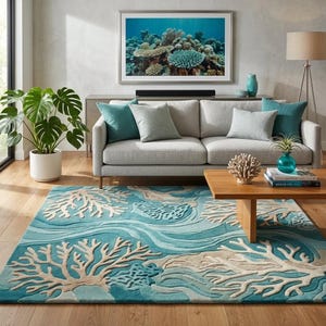 Hand-tufted 100% wool area rug featuring a 3D textured coral reef design in shades of teal, blue, and ivory, styled in a modern coastal living room and nursery.
