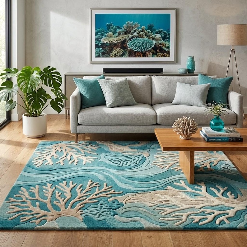 Hand-tufted 100% wool area rug featuring a 3D textured coral reef design in shades of teal, blue, and ivory, styled in a modern coastal living room and nursery.