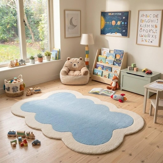 Wavy Blue and Cream Scalloped Cloud Rug | Ultra-Plush Hand-Tufted Wool | Postmodern Boho Nursery, Living Room or Bedroom | Custom Sizes