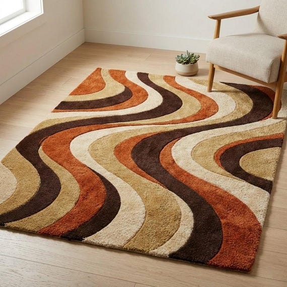 Mid Century Modern Area Rug Hand Tufted New Zealand Wool Retro Brown Rust Cream Wave Carpet 8x10 9x12 6x9 Custom Size