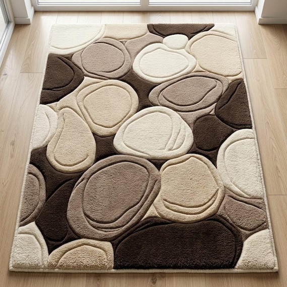 Modern Abstract Wool Rug, Brown and Beige Pebble Area Rug, Minimalist 3D Tufted Living Room Carpet, Luxury Bedroom Decor, Custom Size