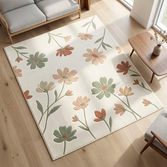 Floral Tufted Wool Rug, Sage Green & Terracotta Modern Cottage Rug, Handmade Flower Carpet for Living Room Bedroom, Custom Size