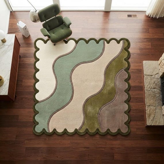 Wavy Scalloped Area Rug, Modern Abstract Wool Rug for Living Room, Green and Taupe Organic Shape Floor Mat, Mid Century Decor, Custom Size