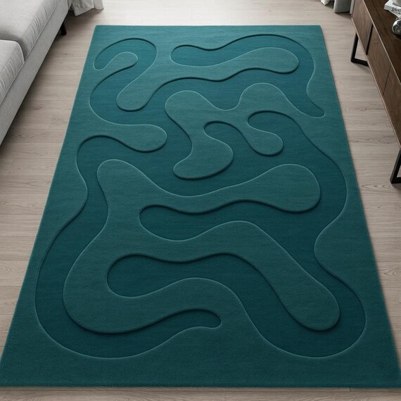 Modern Teal Area Rug Hand Tufted New Zealand Wool Mid Century Abstract Carpet Plush Luxury 8x10 9x12 Custom Size
