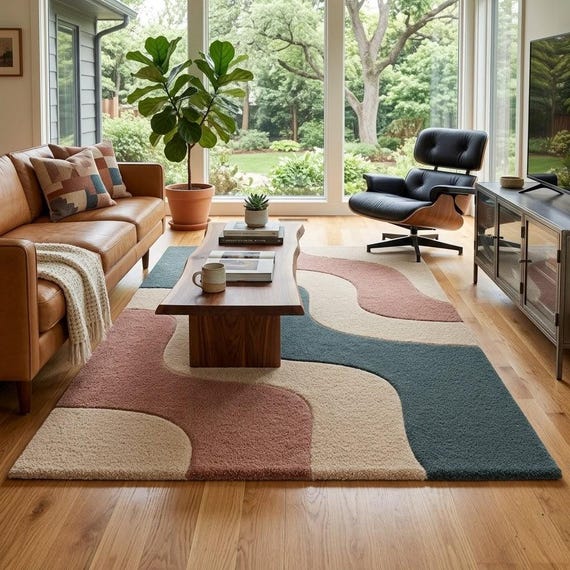 Mid Century Modern Abstract Rug, Hand Tufted Wool Area Rug, Beige Blue Terracotta Living Room Rug, Wavy Pattern Carpet Custom Size