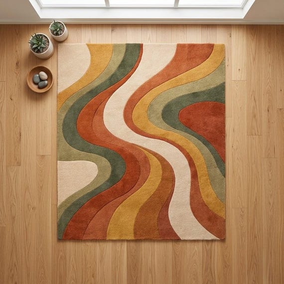 Hand Tufted Wool Abstract Wave Rug, Mid Century Modern Boho Earth Tones