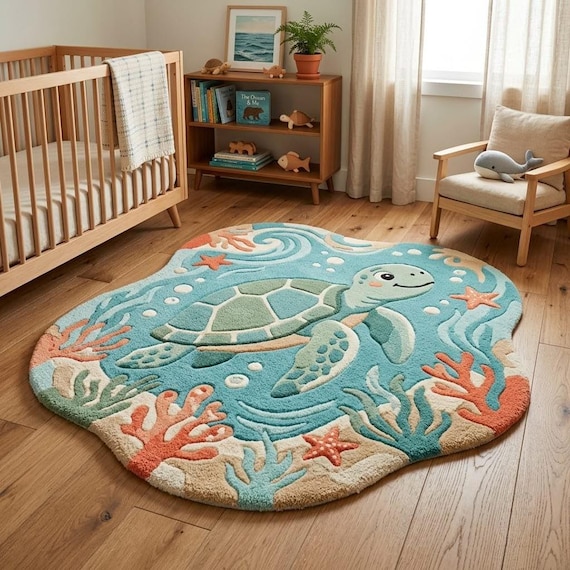 Ocean Turtle Kids Rug, Hand Tufted Wool Nursery Rug, Blue Coastal Sea Animal Rug, Baby Room Decor, Playroom Carpet Custom Size