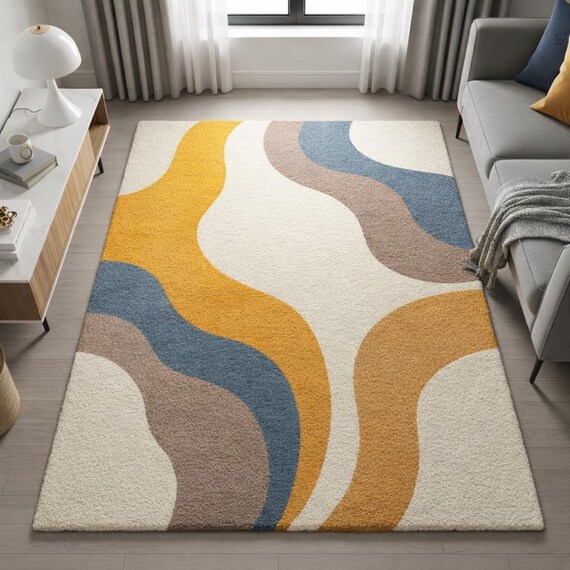 Handmade Wool Area Rug: Modern Abstract Wavy Scandinavian Style
