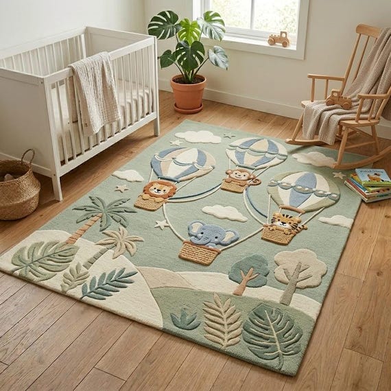 Safari Nursery Rug, Hot Air Balloon Kids Rug, Sage Green Jungle Room Decor, Boys or Girls Room Rug, Soft Wool Area Rug, Custom Size