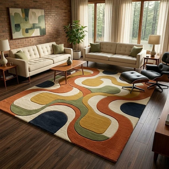 Abstract Mid Century Modern Rug, Handmade Wool Area Rug, Organic Modern Carpet, Scandinavian Decor Rug, 8x10 9x12 Custom