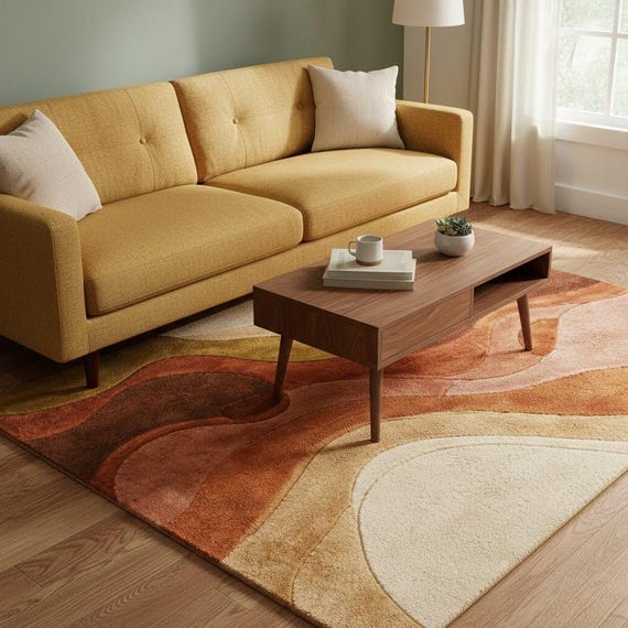 Mid Century Modern Wool Area Rug Hand Tufted Retro Abstract Rust Green Cream Plush Living Room Carpet 8x10 9x12 Custom Size