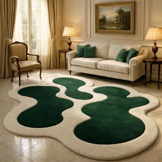 Handmade Organic Modern Green Abstract Area Rug Sculpted Ivory Border Luxury Living Room Carpet