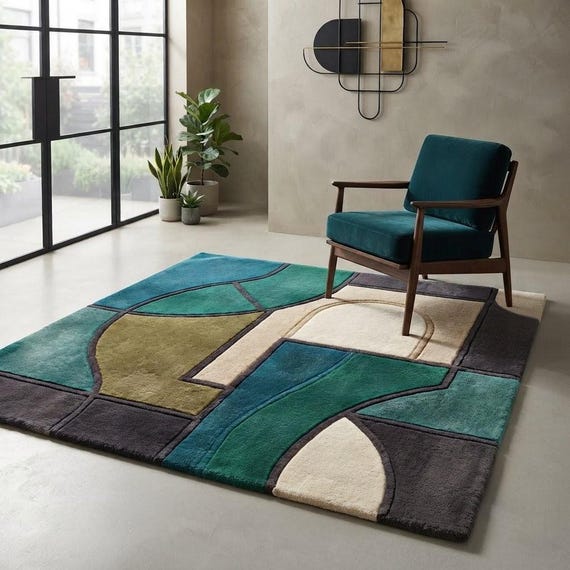 Modern Abstract Wool Rug, Teal and Green Area Rug, Mid Century Geometric Living Room Carpet, Luxury Hand Tufted Accent Rug, Custom Size