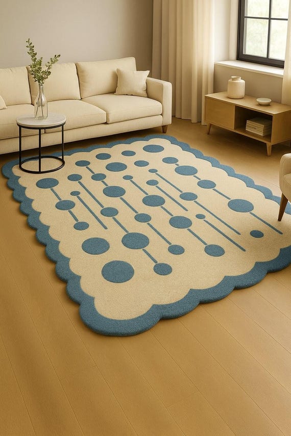 Handmade Wool Area Rug – Modern Scalloped Blue Dot Design