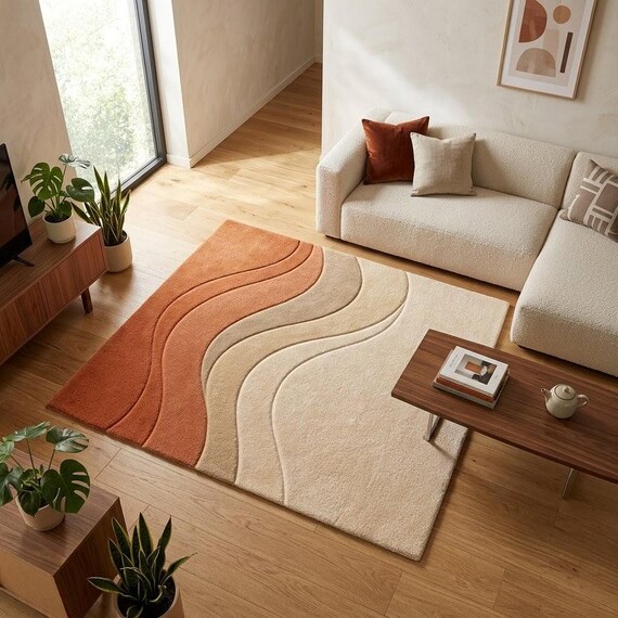 Modern Abstract Wave Rug, Terracotta Beige Cream Hand Tufted Wool Rug, Mid Century Living Room Rug, Neutral Area Rug Custom Size
