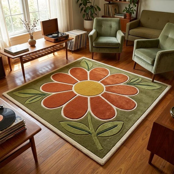 Hand Tufted Wool Daisy Rug, Mid Century Modern Floral Rug, Retro Living Room Decor