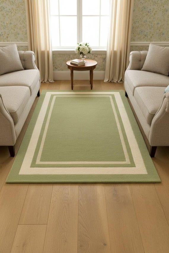 Green Border Area Rug Hand Tufted New Zealand Wool Modern Minimalist Living Room Carpet Sage Green Luxury Soft Rug 8x10 9x12 Custom Size